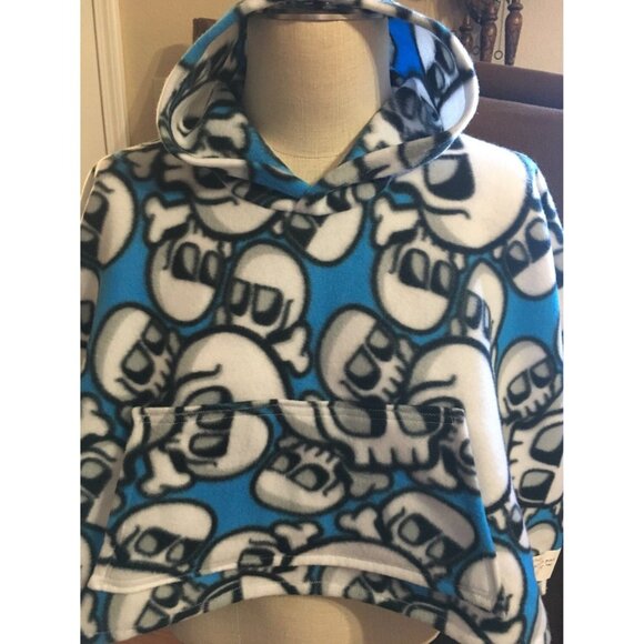 Kids Child Small Skull & Bones Print Hoodie Poncho Pocket Blue White Handmade